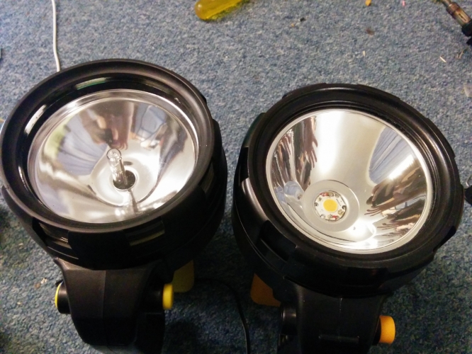 My homemade torches
One on the left is 35w xenon metal halide and the one on the right is 14w led.

