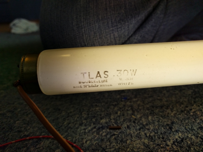 Atlas 30w tube from kev (contaminated)
This one is particularly bad, requiring a series capacitor on the mot to strike it. The arc voltage is around 800v
