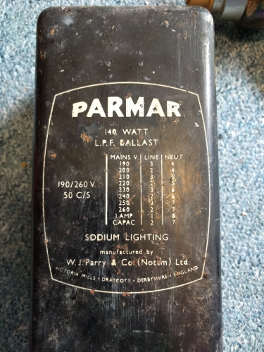 Parmar sodium transformer 140w sli/h and so/h
This was found in a weee skip, along with the unfortunate remains of the lantern it was once inside.
