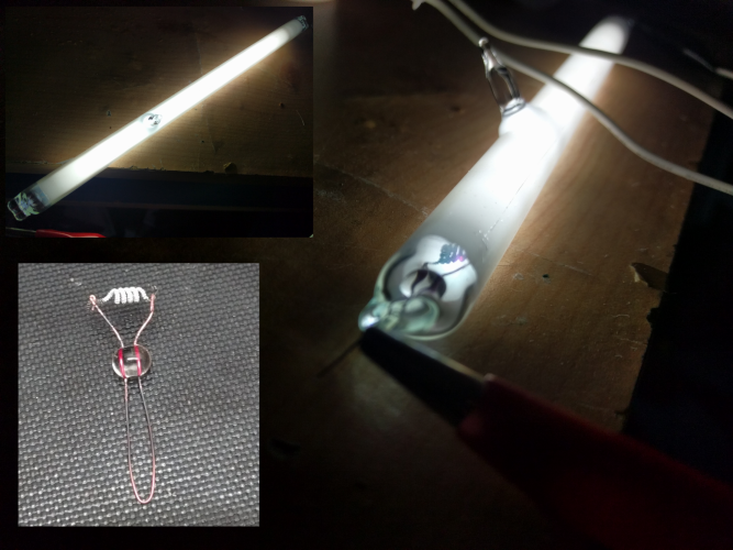 Homemade hot cathode fluorescent tube
No contamination this time. Reused 38w 2d cathodes.
