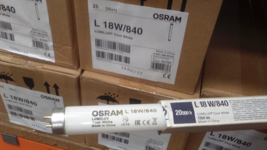 Osram L18W/840s - China
Now made in China, along with the rest of the T8s up to 5ft and the T5s. 
