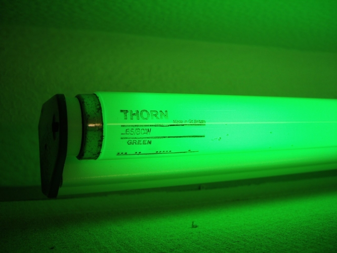 Thorn Green 5ft 65/80w
I hunted down a shop back in 1990 that sold coloured fluorescent tubes.  It was a case of looking up in the yellow pages and getting on the phone then, the internet existed but was not to be widely until a few years later. This tube is of 1989 manufacture, I bought it specifically for this GEC fitting, there was no way I could appreciate how valuable they would both become to me back then as a 16 year old just out of school. 
