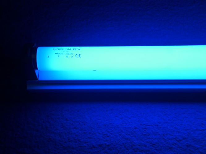 Tungsram Blue 2ft 20w
View of my blue Tungsram 2ft 20w T12 tube lit in an Atlas superslim and showing the etch.
