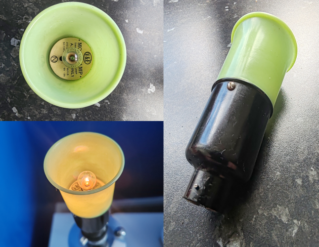 WW2 Homefront Moonlamp nightlight
This is a world war 2 Moonlamp, with a transformer to run a 6v MES lamp. They were available with various colours of shade including pink, white and green as here. Still quite easy to source for a reasonable price. 
