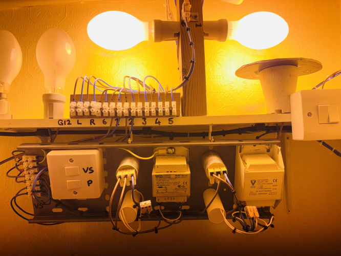 Tray rebuild, (but with a fault)!
Back in January this year I rebuilt my twin 70 watt tray, complete with separate gear switches, but long story short, the Philips ballast I suspect had a fault? Seen here running twin Slovakian, Osram SON-E, (both new), but the Philips ballast was running one lamp at 104 volts, and both the capacitor and ignitor were getting warm! I’ve now swapped the Philips with a Parmar.
