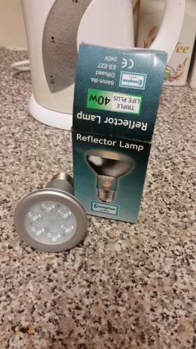 Back in time
Swapped out the LED for an R64 40 watt Crompton incandescent (Not a cheap halogen in a reflector bulb) in my bedside spot.  Surprisingly it was only Â£1.45 from Toolstation
Keywords: R64 Compton incandescent.