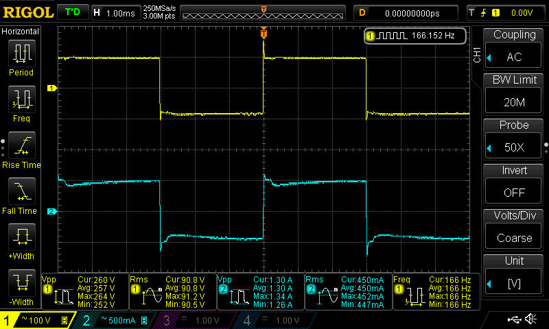 35w Osram Powertronic electronic ballast output.
Quick look at a 35w electronic metal-halide ballast.
Channel 1 is measuring the lamp voltage and channel 2 is measuring the lamp current.
You can see the lamp is being driven on a square-wave AC voltage of 166hz. You can also see quite a bit of overshoot on each re-ignition of the arc. 

Ballast was an Osram PTi 35/220-240 S. Lamp was a Philips Master CDM-T in colour 942.
