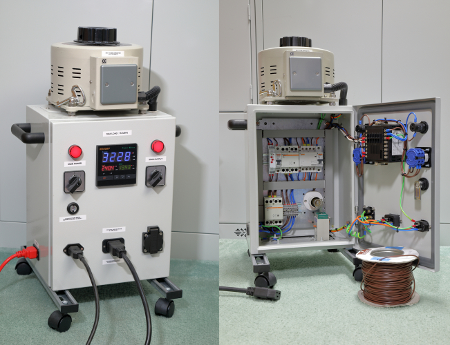 DIY 3.6 kVA Variac control station.
I've had this Carrol & Meynell CMV15E-1 Variac for quite some time.
It is a really useful tool for soft starting old or big incandescent lamps and running equipment designed for a lower voltage.
You can also null out any fluctuations in the mains supply when taking measurements. (My mains varies from 248 to 253v)

I later built up a test box which plugged into the output of the Variac which allowed me to monitor what was going on without messing around with clamp and multimeters.
This worked but it was still a bit of a pain with cables and leads going everywhere so I decided to build an enclosure that holds everything together in one unit. 
This is the result:
The switch on the left energises the power meter and also closes a contactor which feeds the input of the variac.
The switch on the right controls another contactor which supplies the 3 outputs below. 
For flexibility I have added 3 different output sockets: A standard UK BS1363, a C19 and also a C13.
All outputs are protected by an 16 amp MCB and the control side is protected by a 1 amp MCB.

In order to limit the inrush current (this thing likes to take out 32 amp MCB's!) when the main power input contactor is closed, the power goes through a resistor (a 250v 15w Atlas Pygmy lamp) to limit the inrush current which is then shorted out after a 3 second delay by another contactor. The main output contactor can only be closed after the shorting contactor is has pulled in.

Despite being rated for 15amps I have tested this unit with loads of over 20 amps for short periods and it does seem quite happy being overloaded at least for very short periods!

A quick video tour can be found [url=https://youtu.be/HivISXRDmLI?si=t4zHAd40sk6r42Uu]Here[/url]
