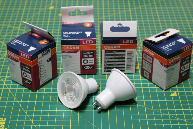 Osram 5w LED Value GU10
4 Osram (LEDVance) 5w cool white 38 degree GU10 lamps.
The Sylvanias I've been using in the bathroom don't seem to like the moisture so will see how these go.
Cost Â£1.40 each lol.

4000k
350lm
15,000h
