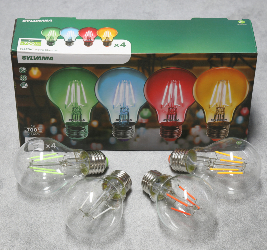 Sylvania ToLEDo Retro Chroma
 4 x 4w Sylvania LED filament lamps in green, blue, red and yellow colours.

I'm very impressed with these lamps. The colours are very vibrant, much better than the Osram coloured filament lamps that I have which are basically white LED filaments but with coloured outer envelopes.

It would be interesting to see what one of these lamps would look like with a pearlescent outer envelope!
