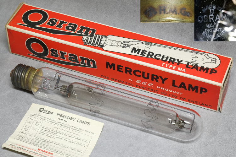 Osram 400w MA/V Medium-pressure Mercury Vapour
1 x 400w Osram medium pressure mercury vapour lamp.

I'm really pleased to add one of these in 400w flavour to my collection, I had all but given up hope of ever getting one.
I had it in my eBay watch list but had no intention of getting it as these always go for quite frankly silly money, but then the seller made me an offer that I couldn't refuse! :)

It's also nice to have one with the packaging in such good condition.
The etch on the crown of the lamp has worn off but it is visible when backlit with a bright LED torch, along with a lot of dust lol. It needs a careful clean.
The brass cap has 230-240v 400w stamped on it along with an arrow symbol and the letters H.M.G. 
There are loads of tiny mercury droplets all over the inside of the burner.

