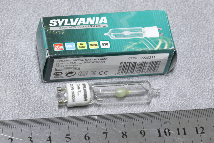 Tiny 20w Sylvania Superia CMI-T Mini
Probably one of the smallest mass produced metal halide lamps going for general lighting?

I do like these and other styles of single-ended CMH lamps, probably the ultimate for commercial and display lighting.

1900lm
18,000h
3000k

