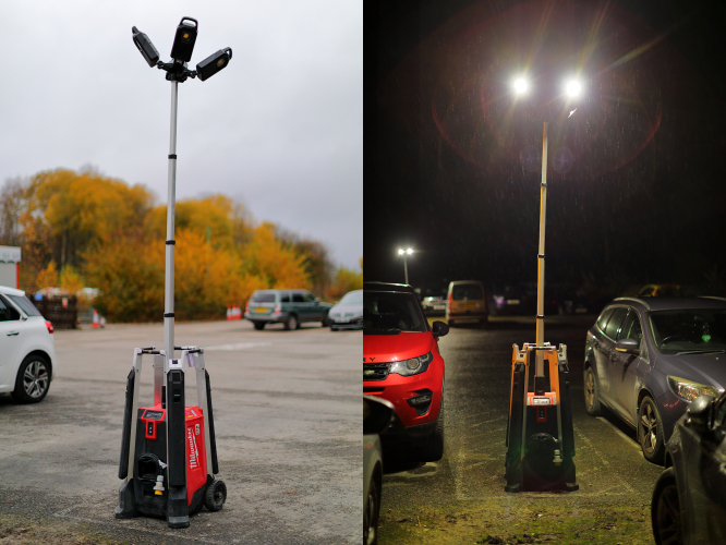 Milwaukee MX FUEL Portable Tower Light
I was recently at a night event at a tram museum and it seems their carparking lighting wasn't quite up to snuff so they had quite a few of these portable LED tower style work lights dotted about.

They seem like decent units and did a decent job.

The lighting head is fully adjustable and the 3.1m mast has powered extend and retraction.
The large black legs on each corner unfold for extra stability on uneven ground.
The output levels are 27000, 14000 & 7000 lumens when ran on AC mains and 20000, 10000 & 5000 lumens when on DC batteries.
They can use any MX FUEL batteries and the runtime when using an MXF XC406 6AH pack is 3, 6 and 10 hours respectively on high, medium and low settings.

These were hired from Speedy as they are quite expensive to buy!
