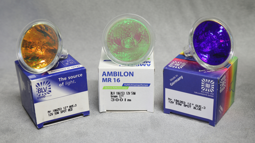 50w BLV Red, Green & Blue 12v MR16
50w 12 MR16 tungsten halogen lamps in red, green and blue flavour.

They produce quite a nice coloured beam.

