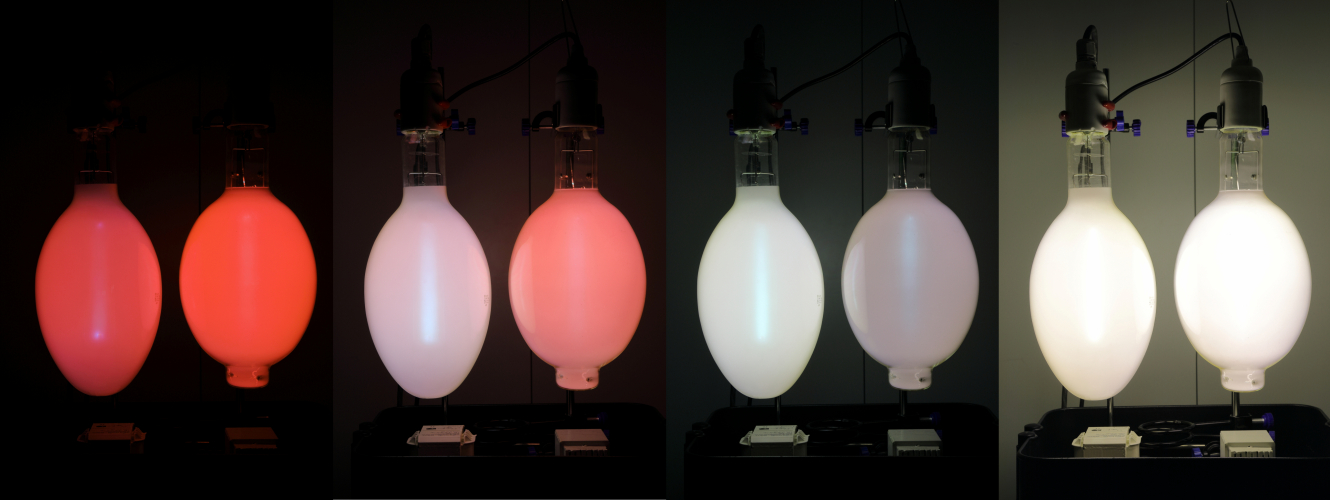 1000w Mercury: UK vs USA
Thought it would be fun to run up two different 1000w MBF lamps at the same time.

On the left is a UK made low voltage Osram HQL. On the right is a US made high voltage Sylvania H36GW/DX
The Sylvania lamp has a lovely deep red start but was surprising at just how much quicker the UK Osram ran up!
At full brightness there really wasn't that much difference in the colour tbh.
