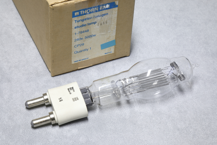 Thorn 5000w CP29 Tungsten-Halogen 
1 x 5000w Thorn CP29 halogen lamp.

Very hot, very bright and has a silly surge current when cold!

500h
135,000lm
3200k
240v @ 21a
