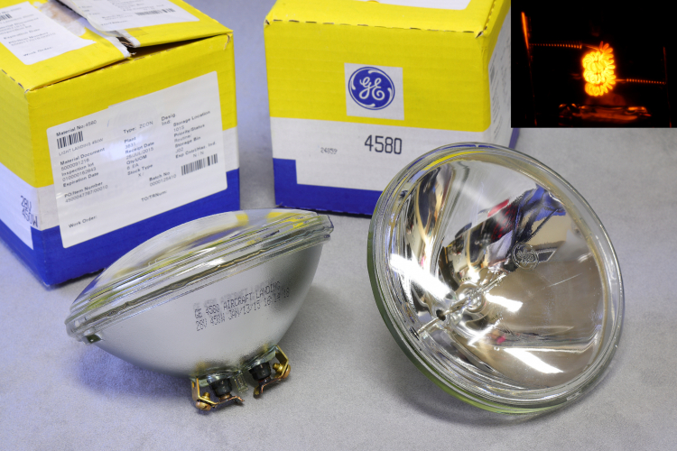 450w General Electric PAR46 Aircraft Landing Lamp
x2 28v 450w PAR-46 sealed beam aeroplane landing lamps.
Pulls quite a few amps at full power and the beam is incredibly bright and hot!

Used on mid sized business jets such as LearJet 60 & Cessna Citation Excel.

450w. 28v at 16a. 10 hour lifespan. 
400,000ccd 13' Horizontal 14' Vertical
146 x 95mm
