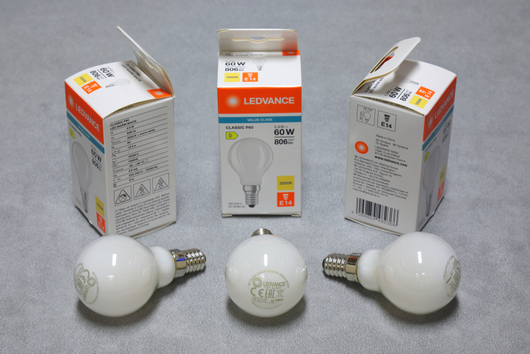 LEDVANCE 5.9w Value P60 E14
x3 LEDVANCE 5.9w "Golfball" LED filament retrofit lamps in colour 830.

They seem decent little lamps with a good colour and brightness but the rated lifespan is not that great. 
I imagine the very small outer cooks the LED arrays.

Purchased to replace some 9w 400lm CFL "golfball" lamps which live in a ceiling fan and take about the same time to reach full brightness as a SOX lamp and are not really that bright.

It's quite interesting how these lamps, at 136lm/w is D rated yet the lamps these are replacing, at the time was A rated at 45 lm/w! 

5.9w
10,000h
806lm
3000k @ 80% CRI
