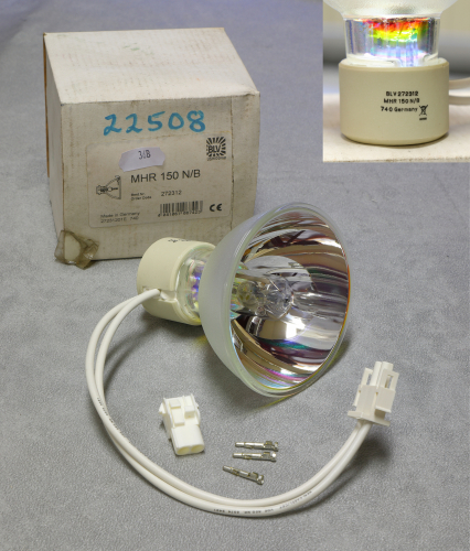 BLV 150w MHR 150 N/B FibreOptic
1 x BLV 150w quartz metal halide dichroic reflector lamp for use in fibre optical systems.
61mm focal distance.

It's interesting that they also supply a new connector with the lamp. They must get cooked in the lighting compartment of the optical system!

Runs on standard 150w SON gear.
