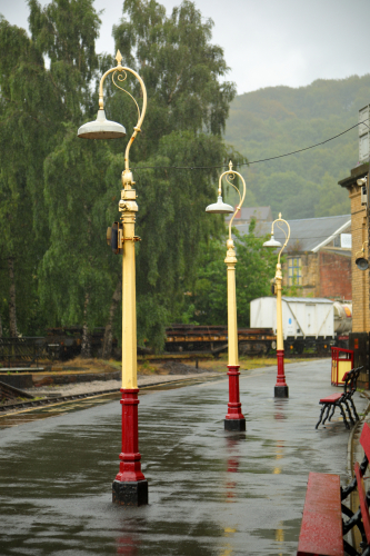 Vintage Railway Lanterns & Columns 
Spotted at Keighley Railway station, which is part of the Keighley & Worth Valley Railway, a preserved heritage railway which first opened in 1869 and was closed in 1962 as part of the wider restructuring of the British rail network in the 1960's.

The line is about 5 miles long with several stations and they operate a variety of vintage steam and diesel locomotives. 
