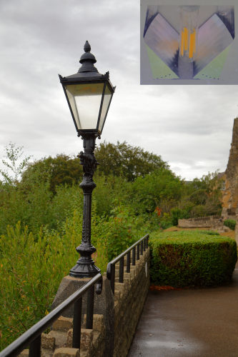 "Heritage" Lantern with Philips TruForce LED Retrofit
I spotted a load of these nice heritage style lanterns in the grounds around Knaresborough Castle, in... Knaresborough.
They were probably SON at one stage but not feature LED "Filament" retrofit lamps. 
