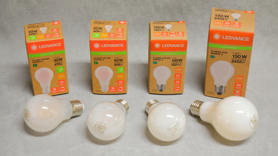 LEDVANCE Classic Energy A 210+lm/w 50kh 40, 60, 100 & 150w Retrofits: V2
1 x 2.2w, 3.8w, 7.2w & 11.6w coated LED filament GLS lamps that are designed to replace 40, 60, 100 & 150w watt incandescent GLS lamps.

These are ultra-efficient LED "filament" lamps that boast an amazing efficiency of over 210 lumens per watt and claim a lifespan of 50,000 hours!
They are also very lifelike when lit and you'd be hard pressed from a distance to tell it apart from a real incandescent lamp.
The trade off for this incredible performance is the colour rendering index which is only 80%

These new versions now have a CCT of 2700k instead of 3000k of the old versions:
[url]http://80.229.24.59:9232/gallery/displayimage.php?pid=21232[/url]
These new lamps are now also fully dimmable except the 150w version.

The packaging is also quite interesting, it has been made with recycled card and there has been quite an effort to reduce the amount of ink and pigments used.
