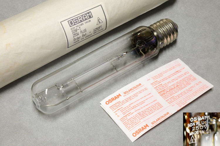 Osram 250w SON-T Plus 
1 x UK Made Osram 250w SON-T Plus tubular high pressure sodium lamp.

It's interesting to see the Solarcolour name still mentioned, a remnant from the G.E.C days and before the Vialox branding was brought in. 
