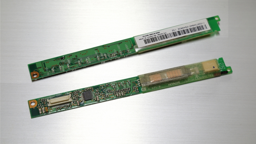 Laptop CCFL Inverter and Status.
Inverter module from an IBM T60 laptop. 
I changed the LCD in this old laptop for something much higher resolution as XGA (1024x768) just really can't cut it today!
That did mean however that I had to also change the inverter board as the new screen requires a higher drive current.
What I find interesting about this little unit is that it does double duty, it's the HV inverter for the display's CCFL backlight but it also houses the various status LED's for the laptop for both the front of the lid but also on the rear of the lid too.
There are 16 SMT LED's on this little board lol.
The main connection to the flexible video cable is on the left and the power out to the CCFL backlight it on the right.

This is the old module and is a composite shot of both the front and back of the board.
