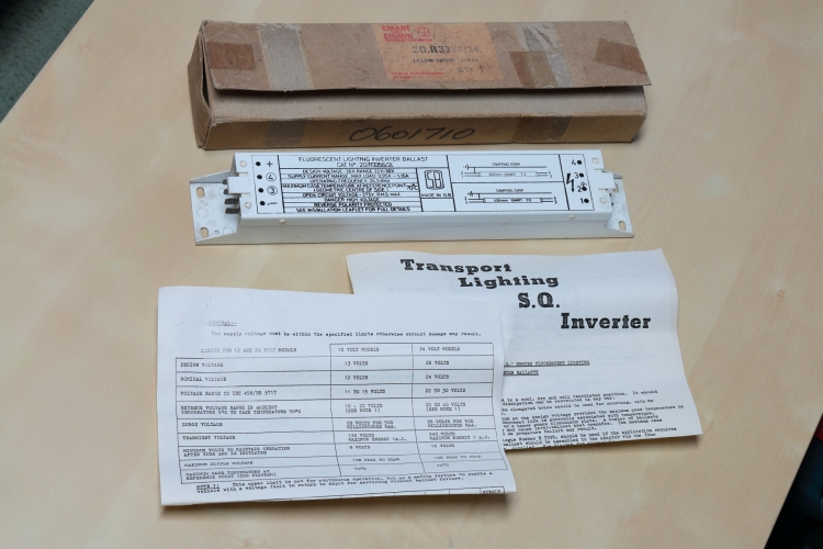 Smart & Brown F20T12 24v DC Inverter
A new-old-stock Smart and Brown 24v DC inverter for 1x 20w T12 or 1x 15w T12 lamp.
 For use on busses and trains.

Not sure how old this is but I reckon early 1970's

I'd love to find one of these in 12v flavour! 
