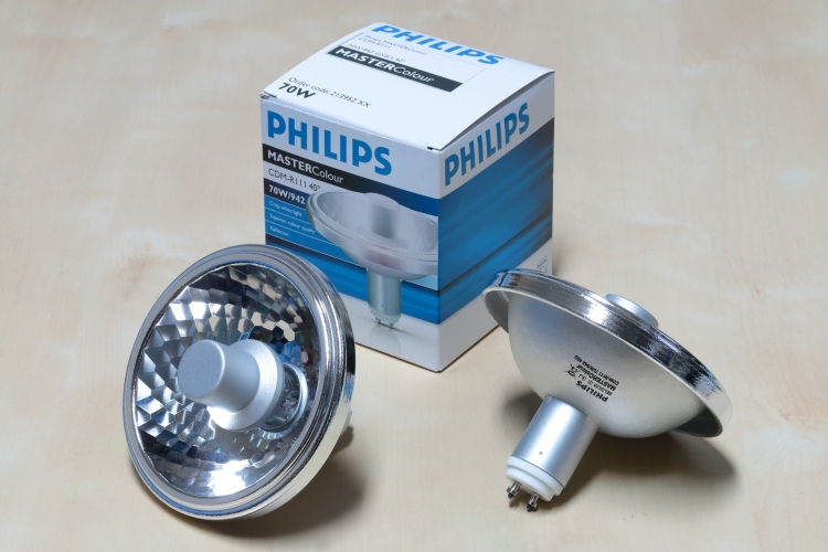 Philips MASTERColour CDM-R111 70W/942
CDM R111 lamp. 40 degree beam. 70w. 4200k.

 The MASTER Colour CDM-R111 combines the trendy look of the 111mm aluminium reflector halogen lamps with the long life, high energy efficiency and crisp white light of MASTER Colour CDM.

 As light from the arc tube can only exit the lamp after it has been controlled by the front & rear reflectors, these lamps have extremely low glare, you can only see the source when you look directly into the beam.

