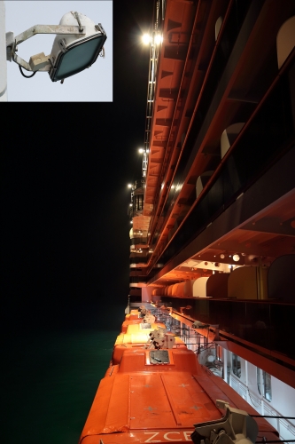 1000w IODE lamps in Aqua-Signal floodlights
LOADS of 1kw IODE halogen lamps installed in big SOLID Aqua-Signal floodlights aboard Cunard's cruise ship MS Queen Victoria. 
Note the failed lamp over the lifeboat closest to the camera :)
