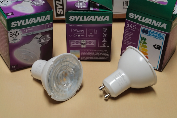 Sylvania 5w RefLED ES50 V4 36'
These are the cheapest, bottom of the range lamps in the range and only cost a couple of quid each.
They are made of plastic with the SMD LED modules mounted on an aluminium PCD but unlike many of the other cheap LED lamps, this uses a nice switching power supply instead of a basic capacitive dropper circuit. 

Bought a few of these to go in my bathroom. After the propper Belgium made ones (Â£20 each at the time) I fitted about 5 years ago started to fail due to the moisture (ones in the kitchen are still going strong).

They seem nice and bright but are basically useless as spot lights, they have a very wide beam that is more of a flood.
