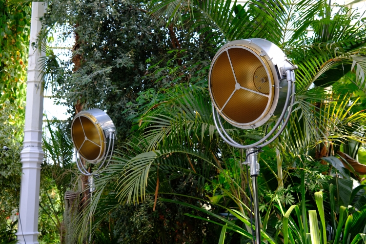 "Studio" Lights.
Spotted these pair inside the Palm House, a three-tier dome conservatory located in Sefton Park in liverpool.
They hold events like wedding receptions and posh dinners and even live candle lit music at night inside.

When I first spotted them I at first wrote them off as being fake and just for show but on closer inspection I discovered that they do have in fact proper theatre style single ended halogen lamps in them!
I bet that gold reflector together with the halogen lamp casts a lovely warm golden light!

They are quite large, easy over a meter wide and are connected via a big 16 amp plug!
