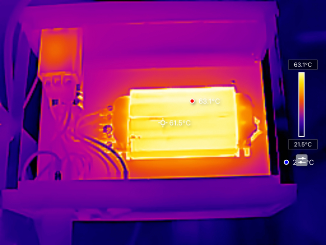 150w SON Choke Thermal Profile
Having a look to see how hot the Tridonic dual-tap  100/150 SON choke gets in my DIY gearbox.
Not as hot as I would have thought but then again it was never too hot to touch.
Also nice to see no high resistance points in my wiring but it's not really pulling that much current anyway, my 1000w+ gearboxes may be a different story!
