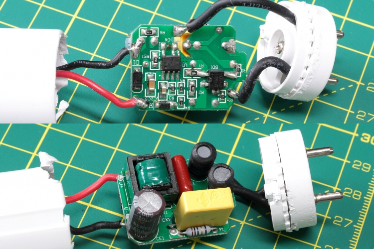 Unbranded LED retrofit lamp teardown 3: The Driver
I got two of these 18w 1200mm 5800k unbranded LED retrofit lamps with an LED Lightpack which I got to convert back to MCF.
I have no use for them so I decided to open one and see what makes it tick. I used unreasonable force to open it so it's pretty much scrap but they were screwed together.

Here you see the quite compact switch mode power supply that lives in the endcap at one end of the lamp. The other end is empty.
The driver outputs 144v DC which adds up when each LED's is dropping 3v and is being ran about 1.25 ma.
There are 96 LED's in the lamp, mounted in two parallel sets of 48 LED's in series.

Note the graduated degree markings on the end cap, the lamp pin section pulls out slightly to unlock and then can be rotated so that when installed in a fitting the side which emits light can be properly orientated.

It was all screwed together but I just pulled it all apart lol
