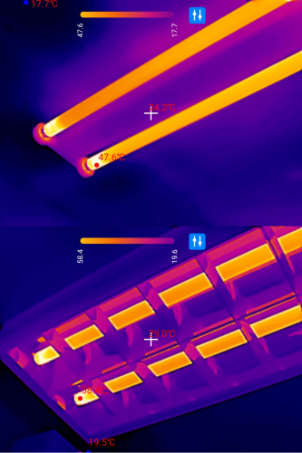 Effect of fitting on temperature
A quick test with a thermal camera.

Shown is two pairs of 36w T8 Philips lamps running on the same model of Philips HF ballast.
It's interesting to see just how much the fitting affects the temperature of the lamps.
The phosphor temp in the middle was 37'C for the batten fitting and 43'c for the louvre fitting.
