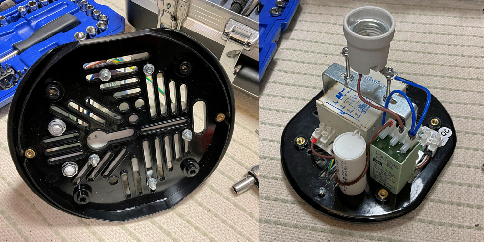 Kingfisher Sloane: Re-geared and Modified
The geartray of this lantern is quite nice tbh. 
It's made from really solid feeling plastic and is slotted and holed so it can fit pretty much any control gear that you want in it!
The left image shows the base and the right image shows the new ballast that I have fitted which is a dual tap 50/70w Magnetek unit that is significantly larger than the VS 70w choke that was there before!
I have also raised the level of the lampholder so more of the lamp protrudes into the louvre stack.
