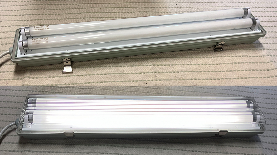 Dakal 2 x 2 foot T8 LED Weatherpack: Fluorescent Conversion 
1 x Dakal Lighting LED Weatherpack for 2 x 600mm LED T8 lamps.
I got this from eBay for the single reason that it was very cheap and I thought it would be fun to convert it back to fluorescent.
I was going to go with twin 18w mag chokes but as this fitting is quite light I thought a twin HF ballast would be more suited.

This is a VERY cheap & nasty fitting but at least the clips and mounting brackets are stainless steel and the cover fits nicely onto it's gasket.

It cooks the lamps though!
