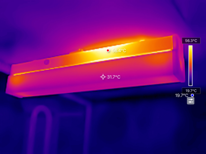 Fitzgerald LPF20
1 x 2ft 20w batten fitting being viewed by a thermal imaging camera.
You can clearly see where the big chunky magnetic ballast is living!
