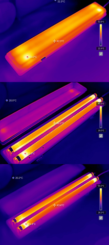 Overheating cheap weatherpack.
A cheap twin 2ft weatherpack gets a bit toasty after I had converted it from LED to fluorescent!

Top image is with cover on, middle is almost immediately after removing cover and the bottom is several minutes after.
At over 60'c in the middle, those lamps will not have been happy with the cover on!

