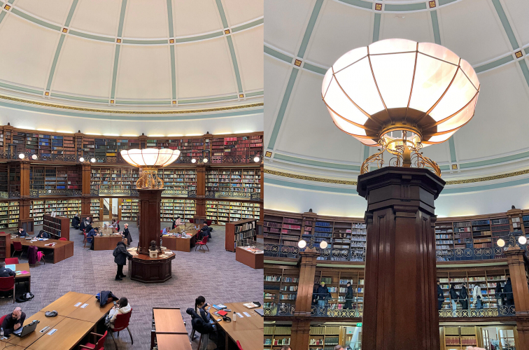 Picton Reading Room: Massive Metal Halide lantern.
The Picton Reading Room is a grade II listed building which forms part of the Liverpool Central Library.
Construction started in 1875 and was completed in 1879.

It was the first library in the UK to be lit with electric lamps.

The building was restored between 2011 and 2012 and the massive light fitting in the centre now has about 10 or 12 metal-halide lamps burning behind the glass shade!
Two appear to have failed though.

I discreetly had a closer look and I think they may be Philips CDM MW-Eco or CDO-T lamps. it's hard to tell as looking up from ground level all I can really see is the support frame. They are E40 and look to be at least 150w each. 

The lighting around the circumference of the rotunda appears to still be fluorescent too.
I'm not sure what is burning inside the globes though.


