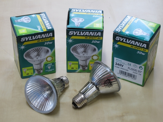 Sylvania 50w Hi-Spot 80 
Nice halogen R80 lamps. These are very solid and heavy!
