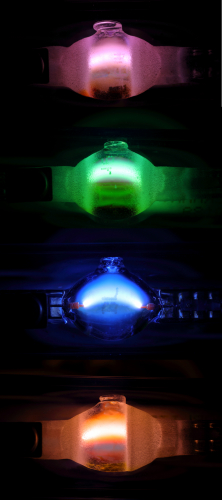 70w BLV HIT-DE COLORLITE: Arc shots
The "Magenta" lamp is definitely magenta but is not very saturated and is more of a light pink IMO.
Datasheet says saturation level is only 18%.

The "Green" is quite a nice lime green colour. Datasheet states a saturation level of 35%.
If you look close you can see a purple mantle around the main discharge.

The "Blue" is quite a nice blue with a saturation level of 60% but is the dimmest of the four colours that I have.

The "Orange" to be honest is more of a peach colour and doesn't seem very saturated despite what the datasheet says (51%). Maybe it just needs more run time.
The heat reflective coating isn't very even, almost looks like each side was applied with a different method.

It would be interesting to track down the above lamps in 150w flavour as they are supposed to have more saturated colours.
