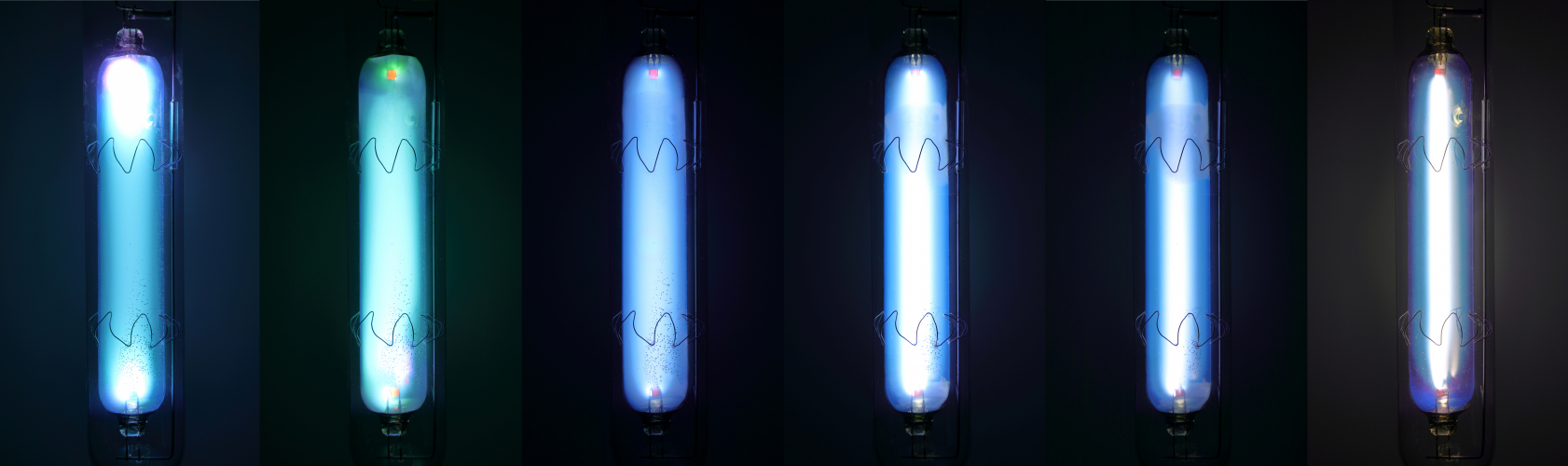 Osram 400w MA/V: Run Up Sequence 
Run up sequence of photographs of a 400w Osram medium pressure mercury vapour lamp running on a 400w MBF ballast. 
Quite an interesting spectacle as the initial discharge fills the entire arc tube and then slowly constricts as the voltage and pressure rises.
