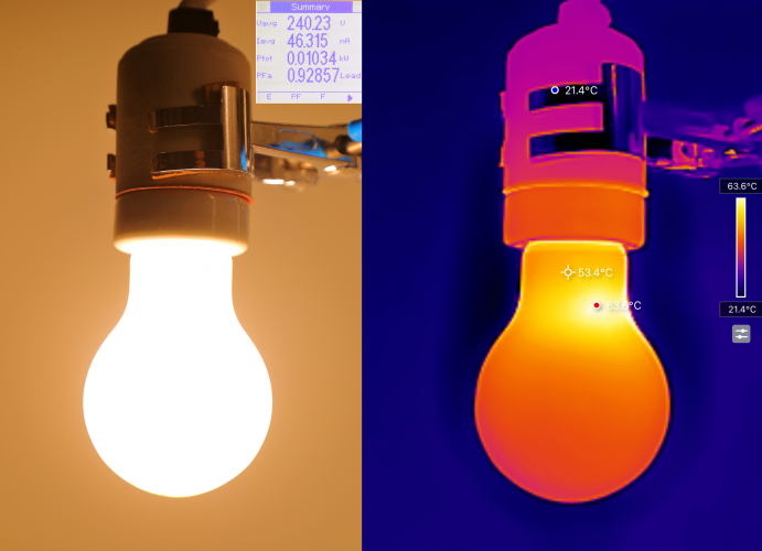 Philips MASTER CRI95 100w Retrofit: Full Power & Thermal Profile
1 x 10.5w high-CRI LED Filament retrofit lamp designed to replace 1 x 100w incandescent tungsten filament lamp at full power.
This lamp features Philips' Dim-Tone technology which decreases the CCT when dimmed to 2200k from 2700k.

These are quite nice lamps indeed. They are bright with a very lovely colour and excellent CRI.
They are very realistic when lit, they are almost impossible to tell apart from a real incandescent lamp!

The driver in this maintains a constant power level when voltage is reduced to 220v or increased all the way to 280v.
There is no flicker at all.

You can hold onto this with your bare hands quite comfortably pretty much indefinitely.

25,000h
1521lm
2200-2700k CRI 95
