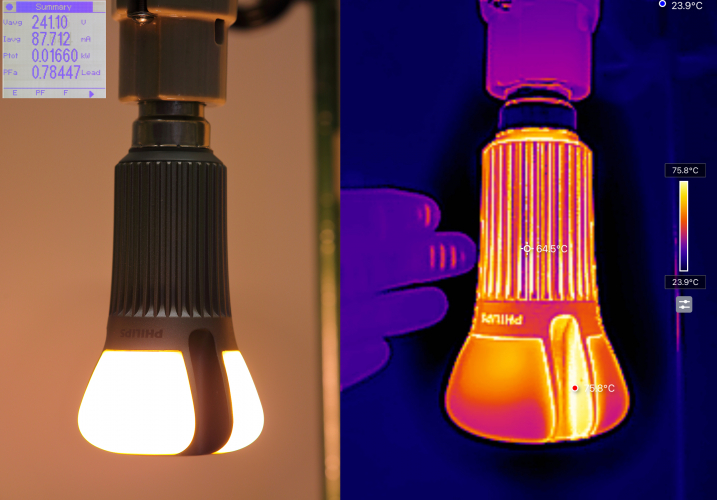 Philips 17w Master LEDbulb MV: Full Power & Thermal Profile 
1 x early Philips diode pumped remote phosphor lamp at full power.
The lamp is quite glaring as all of the light is emitted from the comparatively small phosphor panels.

This lamp runs HOT!!! I can only hold my fingers against the side of the lamp for less than one second before being burned!
The inside of the heatsink fins are well over 70'c with the hottest part being the heatsink sections between the phosphor panels!

It's interesting how this lamp, at the time was hailed for its efficiency but there are now "LED filament" designs that produce twice the light for half the wattage and that barely get warm!

25,000h
1055lm
2700k @ CRI82
