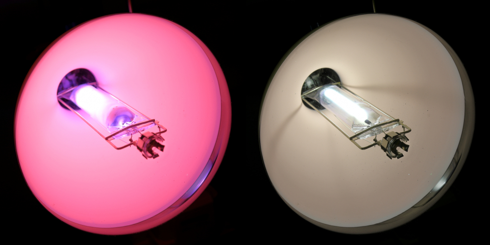 700w Thorn Kolorlux MBF-R: Ignition & Full Power
1 x Thorn Kolorlux 700w mercury fluorescent lamp with an internal coating of Yttrium Vanadate phosphor as well as a layer of Titanium Dioxide which acts as a reflector and directs most of the light out of the front of the lamp but allows some to exit from the rear.
Shown moments after ignition on the left and at full power on the right.
