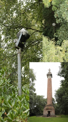 Thorn OQ/OSQ
On a recent trip to Hawkstone Park in Shropshire, I had climbed to the top of the monument commemorating Sir Rowland Hill, the first protestant Lord Mayor of London. It's taller than it looks when you get to the top and on a clear day they reckon you can see thirteen counties from the top.
I didn't see any lighting at the top and me being a saddo I thought to myself it would be an excellent site for a Thorn OQ or OSQ projector flood... and sure enough... when I looked down... peering through the canopy of the trees was, 1 x Thorn OSQ floodlight :) (top right)
When I got to the bottom I found it in the middle of a Bush.
It's either a 150w G12 halide with internal control gear or a 1000w CSI PAR64 with a gearbox somewhere else out of sight below, I couldnt tell. Probably a G12 halide though.
It's not a 500w M40 halogen as they have a much smaller box on the back.


