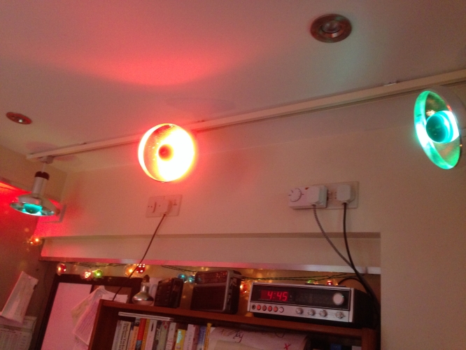 Retro Xmas lighting in my office, coloured crown silvered.
