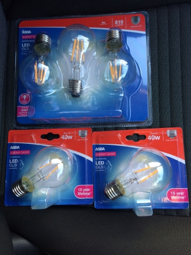Â£24 worth of Asda LED, worth the money?
Since we actually only had one spare E27 LED i went to Asda to buy some replacements, 6w one will go in our new outside light, and other two will be spare for now

As for the 4w they went in the bathroom light
